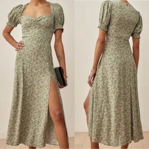 Reformation Lacey Midi Maxi Dress Juniper Sage Green Cream Floral Print 14